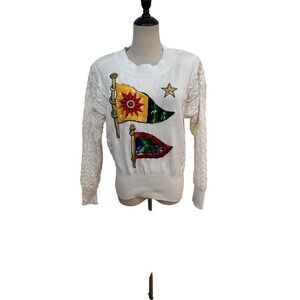 Vtg Escada Sequin Flag Cable Knit Sweater Cotton Sz 38 Natuical Sailing Preppy